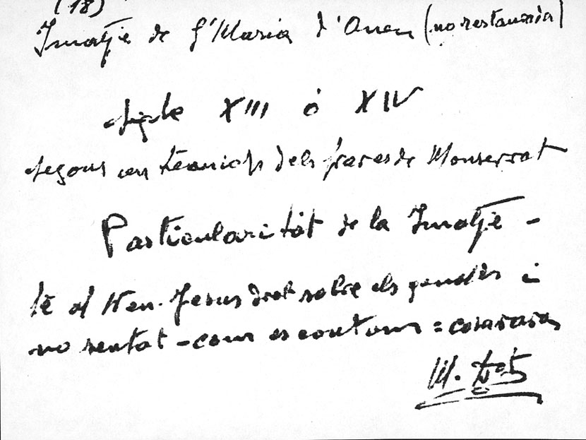 Nota manuscrita de mossèn Dot on s'expliquen algunes característiques de l'antiga talla de Santa Maria d'Àneu.