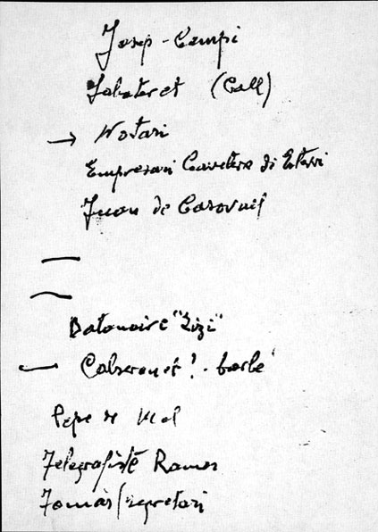 Entaulats, d'esquerra a dreta: Josep Campi, Sabateret, Notari, empresari de la carretera d'Esterri, Joan de Casa Casovall, ?, ?, Botonaire 