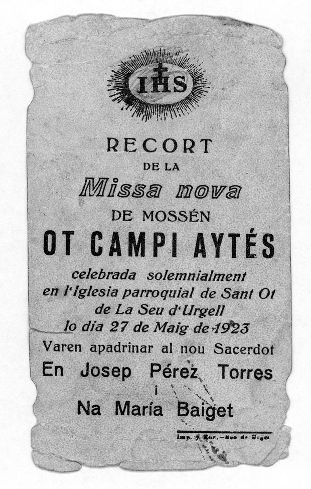 Documents personals de mossèn Dot Campi. Record de la Missa Nova de mossèn Dot Campi Aytés. 