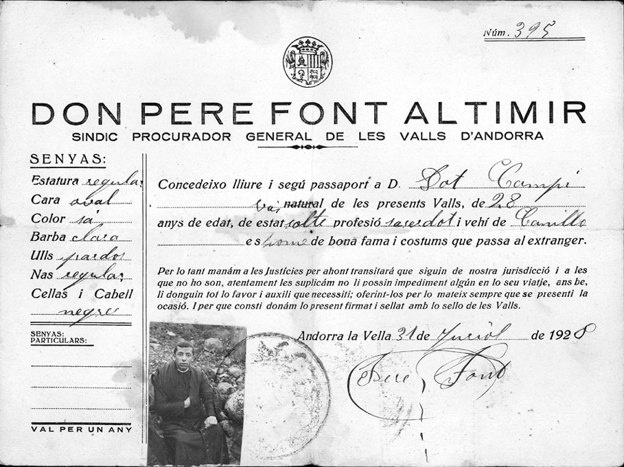 Documents personals de mossèn Dot Campi. Passaport de Dot Campi datat el 31 de juliol de 1928.