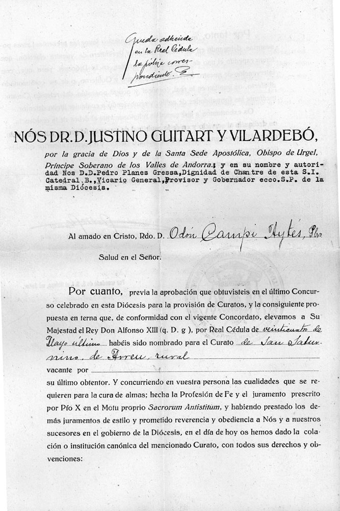 Documents personals de mossèn Dot Campi. Nomenament de Dot Campi com a capellà d'Àrreu.