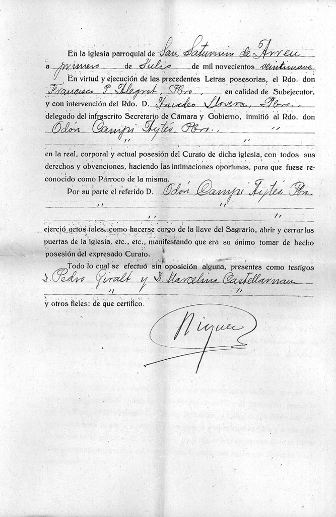 Documents personals de mossèn Dot Campi. Presa de possessió del 