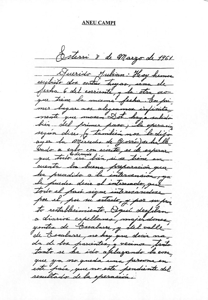 Carta personal escrita per Àneu Campi i dirigida a Julián Jiménez. Datada a Esterri, el 8 de març de 1961.